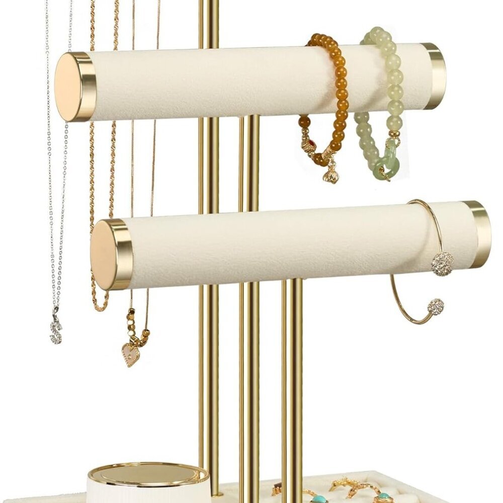 3-Tier Beige Velvet Jewelry Holder - Portable Bracelet Display With Gold Accents